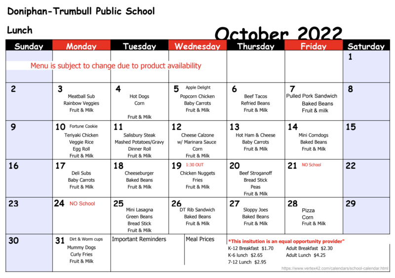 October Breakfast & Lunch Menu DoniphanTrumbull Public School